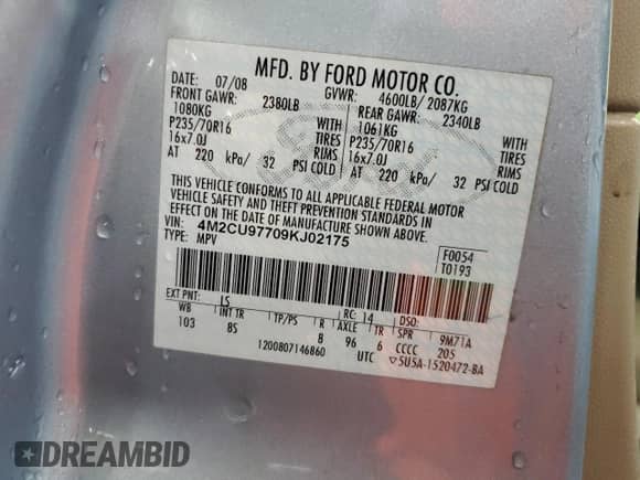 2009 Mercury Mariner Premier with VIN 4M2CU97709KJ02175, listed as a Copart auction lot 66205615 with 117,775 mi miles and Salvage title. Bid and sale history available at DreamBid. Image 13.