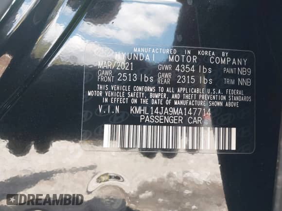 2021 Hyundai Sonata SEL with VIN KMHL14JA9MA147714, listed as a IAAI auction lot 43101880 with 30,502 mi miles and . Bid and sale history available at DreamBid. Image 9.