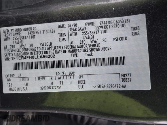 ✅ 2020 Ford Ranger Lariat • VIN: 1FTER4FH0LLA56202 • Lot: 43394940. Listed on IAAI with 65,140 mi. Free auction sales archive from the USA and detailed vehicle history report at DreamBid. Image 9.