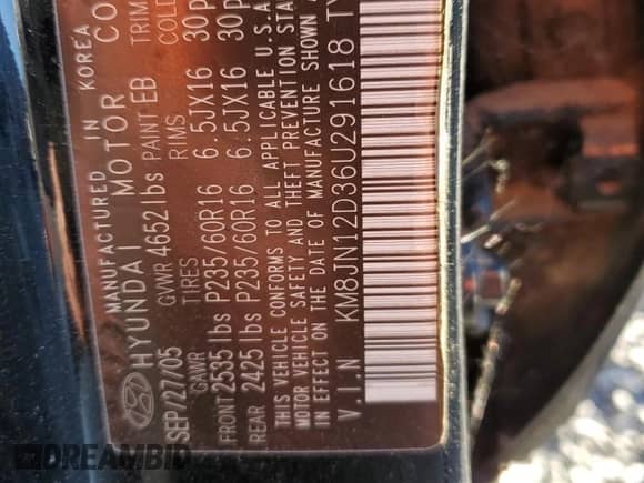 2006 Hyundai Tucson GLS z VIN KM8JN12D36U291618, wystawiony jako Copart lot #76259744 z przebiegiem Nie podano mil oraz Czysty tytuł • Clean title. Historia ofert i sprzedaży dostępna na DreamBid. Obrazek 13.