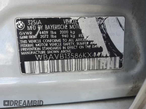 ✅ 2006 BMW 3 Series 325i • VIN: WBAVB13586KX44100 • Lot: 90689245. Listed on Copart with 182,895 mi. Free auction sales archive from the USA and detailed vehicle history report at DreamBid. Image 12.