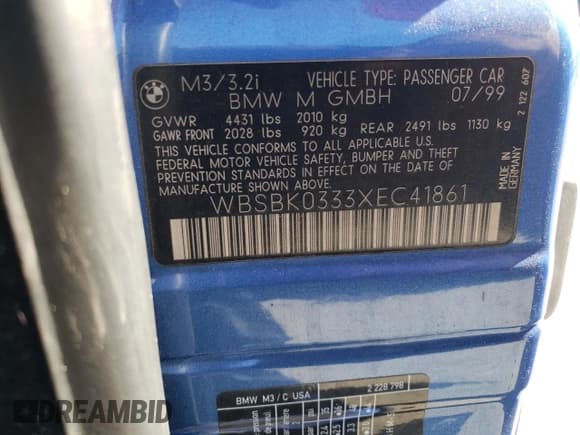 ✅ 1999 BMW 3 Series M3 • VIN: WBSBK0333XEC41861 • Lot: 65938235. Wystawiony na Copart z przebiegiem 92 402 mil. Bezpłatny archiwum sprzedaży aukcyjnych z USA i szczegółowy raport historii pojazdu na DreamBid. Zdjęcie 12.