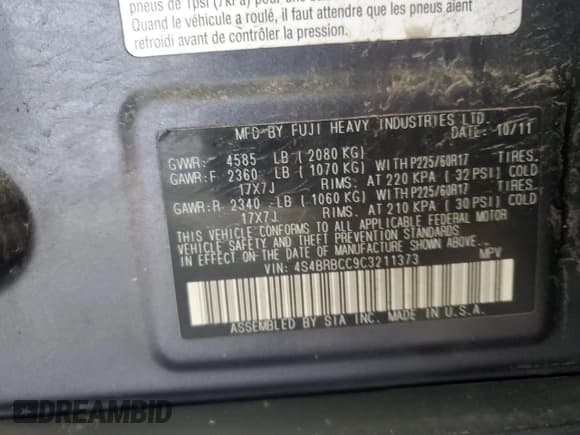 ✅ 2012 Subaru Outback Prem • VIN: 4S4BRBCC9C3211373 • Lot: 56025415. Listed on Copart with 200,640 mi. Free auction sales archive from the USA and detailed vehicle history report at DreamBid. Image 12.