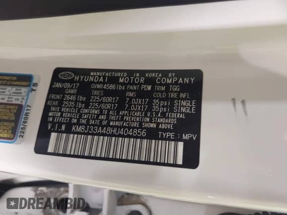 2017 Hyundai Tucson SE z VIN KM8J33A48HU404856, wystawiony jako IAAI lot #43225561 z przebiegiem 53 542 mil mil oraz . Historia ofert i sprzedaży dostępna na DreamBid. Obrazek 9.