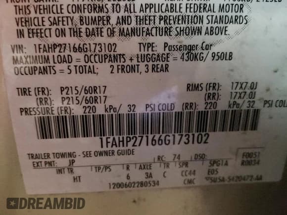 ✅ 2006 Ford Five Hundred SEL • VIN: 1FAHP27166G173102 • Лот: 54887385. Опубликован ранее на Copart с пробегом 173 351 миль. Бесплатный доступ к архиву аукционных продаж из США и подробный отчёт об истории автомобиля на DreamBid. Изображение 12.