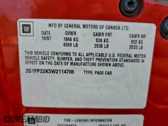 ✅ 1998 Chevrolet Camaro • VIN: 2G1FP22K5W2114706 • Lot: 94955735. Listed on Copart with 148,588 mi. Free auction sales archive from the USA and detailed vehicle history report at DreamBid. Image 12.