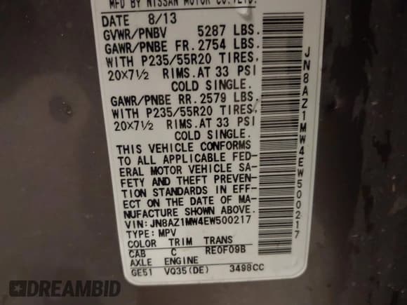 ✅ 2014 Nissan Murano SV • VIN: JN8AZ1MW4EW500217 • Лот: 42268959. Опубликован ранее на IAAI с пробегом 272 308 миль. Бесплатный доступ к архиву аукционных продаж из США и подробный отчёт об истории автомобиля на DreamBid. Изображение 9.