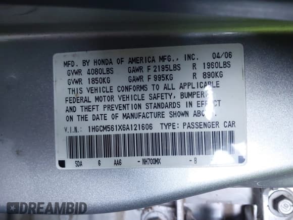 ✅ 2006 Honda Accord VP • VIN: 1HGCM561X6A121606 • Lot: 43800388. Wystawiony na IAAI z przebiegiem 212 112 mil. Bezpłatny archiwum sprzedaży aukcyjnych z USA i szczegółowy raport historii pojazdu na DreamBid. Zdjęcie 9.