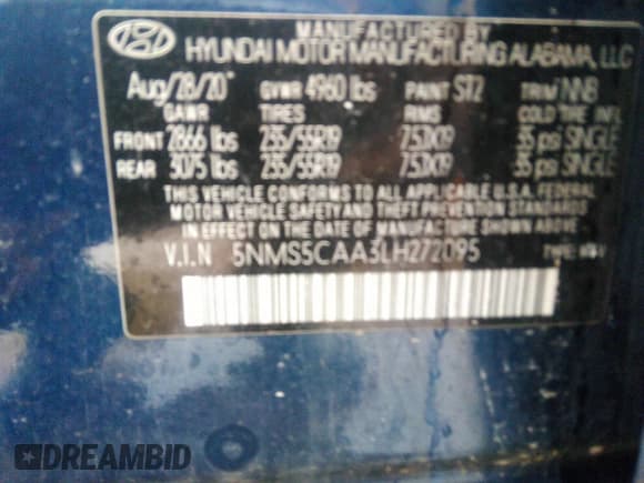 ✅ 2020 Hyundai Santa Fe Limited • VIN: 5NMS5CAA3LH272095 • Лот: 35894876. Опубликован ранее на IAAI с пробегом 12 миль. Бесплатный доступ к архиву аукционных продаж из США и подробный отчёт об истории автомобиля на DreamBid. Изображение 9.