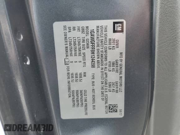 2017 Chevrolet Express Passenger LT z VIN 1GAWGFFF8H1244398, wystawiony jako Copart lot #51238305 z przebiegiem 127 510 mil mil oraz Szkoda całkowita • Salvage title. Historia ofert i sprzedaży dostępna na DreamBid. Obrazek 13.