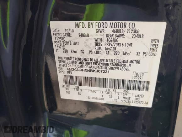 2011 Mercury Mariner Premier с VIN 4M2CN9HG4BKJ07221, выставлен на аукционе IAAI как лот 42559480 с пробегом 127 670 миль миль и . История ставок и продаж доступна на DreamBid. Изображение 9.