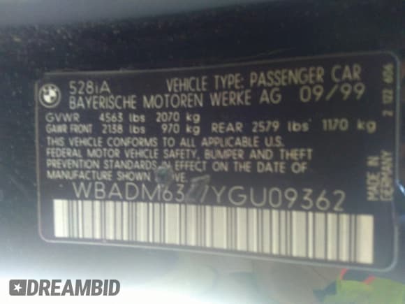 ✅ 2000 BMW 5 Series 528i • VIN: WBADM6347YGU09362 • Lot: 31257286. Listed on IAAI with Not provided. Free auction sales archive from the USA and detailed vehicle history report at DreamBid. Image 9.