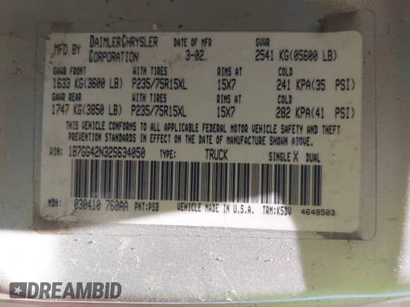 2002 Dodge Dakota SLT with VIN 1B7GG42N32S634050, listed as a IAAI auction lot 42582142 with Not provided miles and . Bid and sale history available at DreamBid. Image 9.