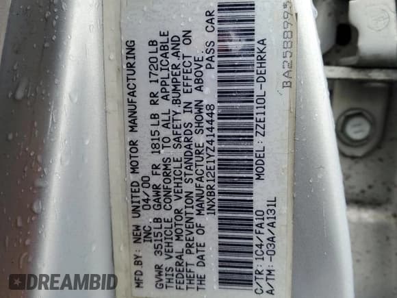 ✅ 2000 Toyota Corolla VE • VIN: 1NXBR12E1YZ414448 • Лот: 82390975. Опубликован ранее на Copart с пробегом 106 255 миль. Бесплатный доступ к архиву аукционных продаж из США и подробный отчёт об истории автомобиля на DreamBid. Изображение 12.