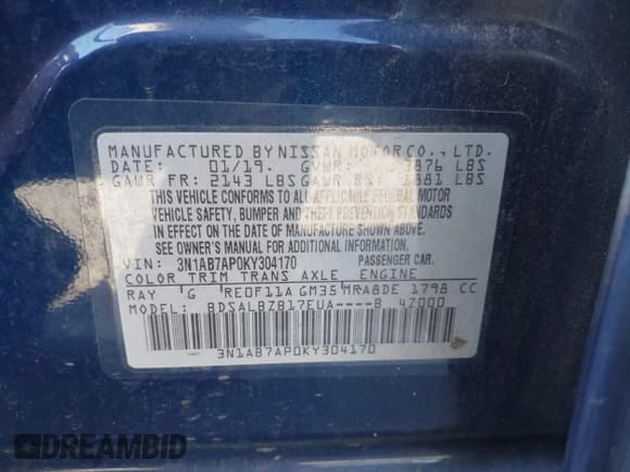 ✅ 2019 Nissan Sentra S • VIN: 3N1AB7AP0KY304170 • Lot: 43384524. Listed on IAAI with 140,776 mi. Free auction sales archive from the USA and detailed vehicle history report at DreamBid. Image 9.