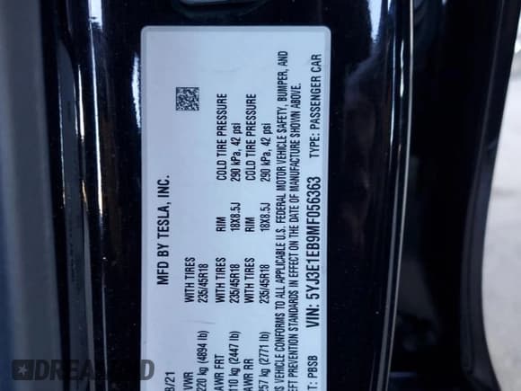 ✅ 2021 Tesla Model 3 Long Range • VIN: 5YJ3E1EB9MF056363 • Lot: 90117115. Listed on Copart with 42,698 mi. Free auction sales archive from the USA and detailed vehicle history report at DreamBid. Image 13.