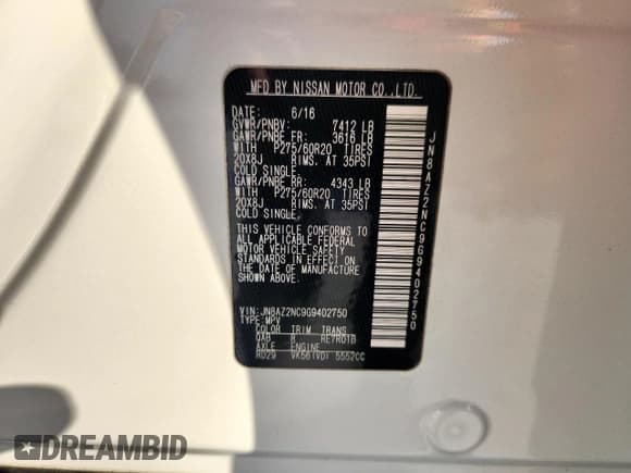 ✅ 2016 Infiniti QX80 • VIN: JN8AZ2NC9G9402750 • Lot: 86061055. Listed on Copart with 136,774 mi. Free auction sales archive from the USA and detailed vehicle history report at DreamBid. Image 13.