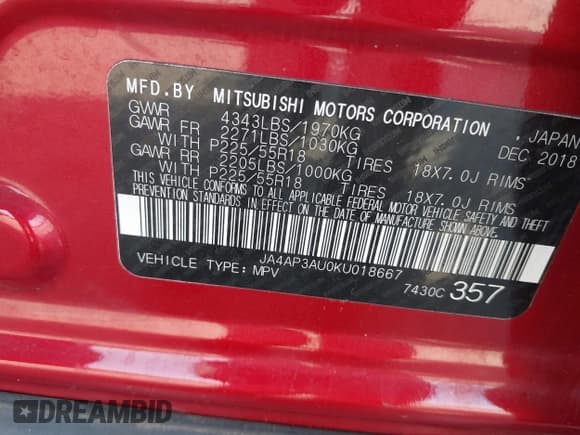 ✅ 2019 Mitsubishi Outlander ES • VIN: JA4AP3AU0KU018667 • Lot: 42485117. Listed on IAAI with 91,285 mi. Free auction sales archive from the USA and detailed vehicle history report at DreamBid. Image 9.