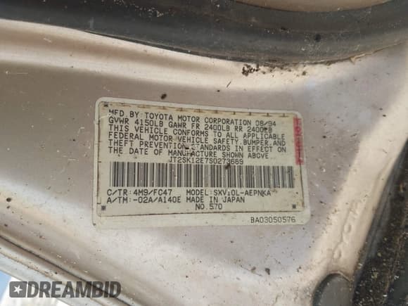 ✅ 1995 Toyota Camry LE • VIN: JT2SK12E7S0273689 • Лот: 43799874. Опубликован ранее на IAAI с пробегом 154 750 миль. Бесплатный доступ к архиву аукционных продаж из США и подробный отчёт об истории автомобиля на DreamBid. Изображение 9.