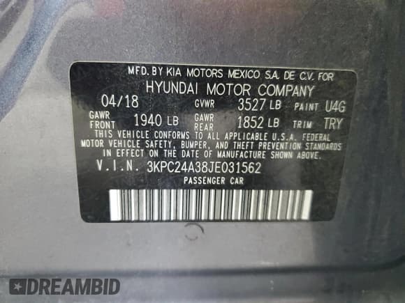 ✅ 2018 Hyundai Accent SEL • VIN: 3KPC24A38JE031562 • Lot: 73536374. Listed on Copart with 119,848 mi. Free auction sales archive from the USA and detailed vehicle history report at DreamBid. Image 12.