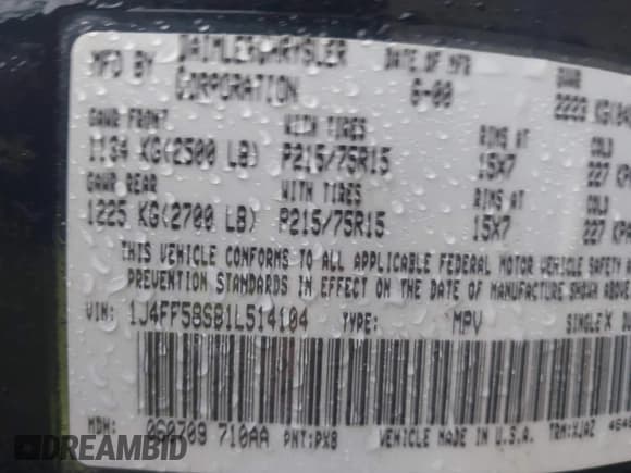 ✅ 2001 Jeep Cherokee Sport • VIN: 1J4FF58S81L514104 • Lot: 40029350. Listed on IAAI with 196,642 mi. Free auction sales archive from the USA and detailed vehicle history report at DreamBid. Image 9.