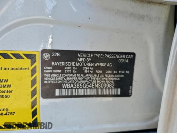 ✅ 2014 BMW 3 Series 328i xDrive • VIN: WBA3B5G54ENS09982 • Lot: 94052845. Listed on Copart with 204,437 mi. Free auction sales archive from the USA and detailed vehicle history report at DreamBid. Image 13.