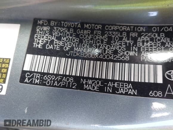 ✅ 2004 Toyota Prius • VIN: JTDKB20UX40042568 • Lot: 43476883. Listed on IAAI with 208,853 mi. Free auction sales archive from the USA and detailed vehicle history report at DreamBid. Image 9.