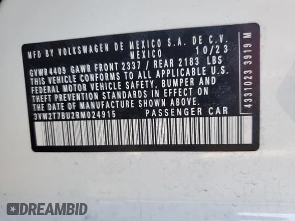 ✅ 2024 Volkswagen Jetta Autobahn • VIN: 3VW2T7BU2RM024915 • Lot: 87626035. Listed on Copart with 9,147 mi. Free auction sales archive from the USA and detailed vehicle history report at DreamBid. Image 13.