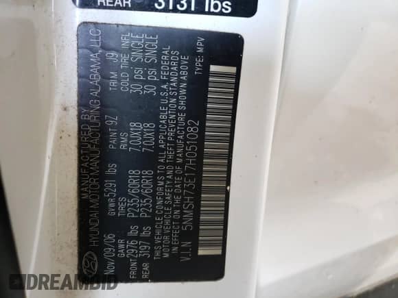 2007 Hyundai Santa Fe SE с VIN 5NMSH73E17H051082, выставлен на аукционе Copart как лот 68279794 с пробегом 179 452 миль миль и Списание • Salvage title. История ставок и продаж доступна на DreamBid. Изображение 13.