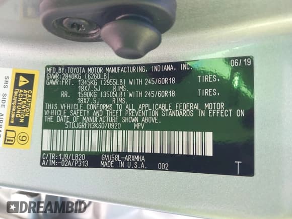 ✅ 2019 Toyota Highlander Hybrid XLE • VIN: 5TDJGRFH3KS070920 • Лот: 41798655. Опубликован ранее на IAAI с пробегом 54 166 миль. Бесплатный доступ к архиву аукционных продаж из США и подробный отчёт об истории автомобиля на DreamBid. Изображение 9.