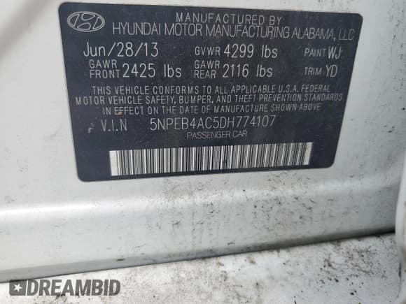 ✅ 2013 Hyundai Sonata GLS • VIN: 5NPEB4AC5DH774107 • Lot: 59672924. Listed on Copart with 75,839 mi. Free auction sales archive from the USA and detailed vehicle history report at DreamBid. Image 12.