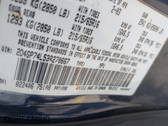 ✅ 2003 Dodge Caravan EX • VIN: 2D4GP74L53R270667 • Lot: 42271242. Listed on IAAI with 275,732 mi. Free auction sales archive from the USA and detailed vehicle history report at DreamBid. Image 9.