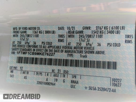 ✅ 2021 Ford F-150 XL • VIN: 1FTMF1CB9MKE76227 • Lot: 42856988. Listed on IAAI with 74,726 mi. Free auction sales archive from the USA and detailed vehicle history report at DreamBid. Image 9.