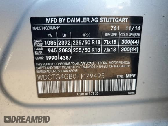✅ 2015 Mercedes-Benz GLA 250 • VIN: WDCTG4GB0FJ079495 • Lot: 81261225. Wystawiony na Copart z przebiegiem 88 851 mil. Bezpłatny archiwum sprzedaży aukcyjnych z USA i szczegółowy raport historii pojazdu na DreamBid. Zdjęcie 12.