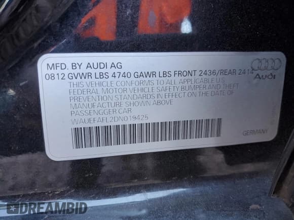 ✅ 2013 Audi A4 Premium Plus • VIN: WAUEFAFL2DN019425 • Lot: 90799745. Listed on Copart with Not provided. Free auction sales archive from the USA and detailed vehicle history report at DreamBid. Image 12.