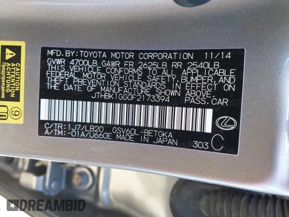 ✅ 2015 Lexus ES 330 • VIN: JTHBK1GG0F2173394 • Lot: 43490280. Listed on IAAI with 90,766 mi. Free auction sales archive from the USA and detailed vehicle history report at DreamBid. Image 9.