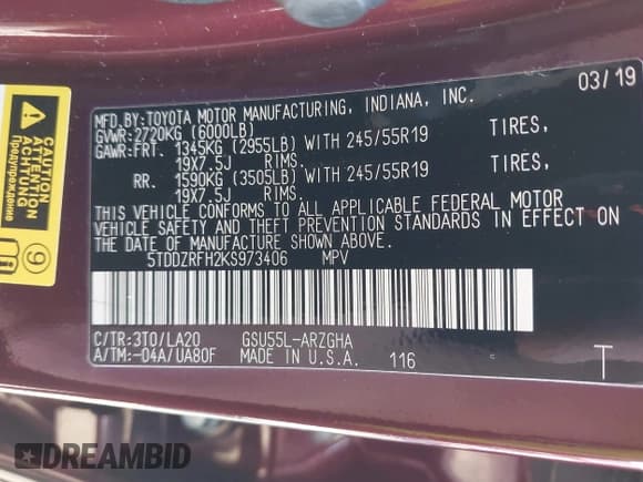 ✅ 2019 Toyota Highlander Limited • VIN: 5TDDZRFH2KS973406 • Lot: 43238334. Wystawiony na IAAI z przebiegiem 88 831 mil. Bezpłatny archiwum sprzedaży aukcyjnych z USA i szczegółowy raport historii pojazdu na DreamBid. Zdjęcie 9.