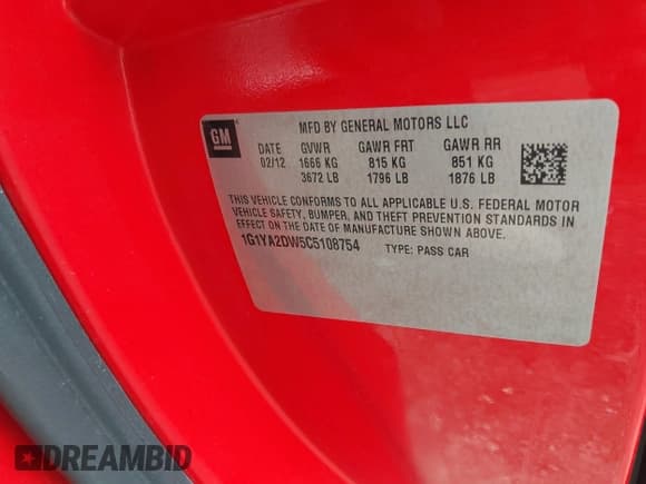 ✅ 2012 Chevrolet Corvette 1LT • VIN: 1G1YA2DW5C5108754 • Lot: 42830016. Listed on IAAI with 32,522 mi. Free auction sales archive from the USA and detailed vehicle history report at DreamBid. Image 9.