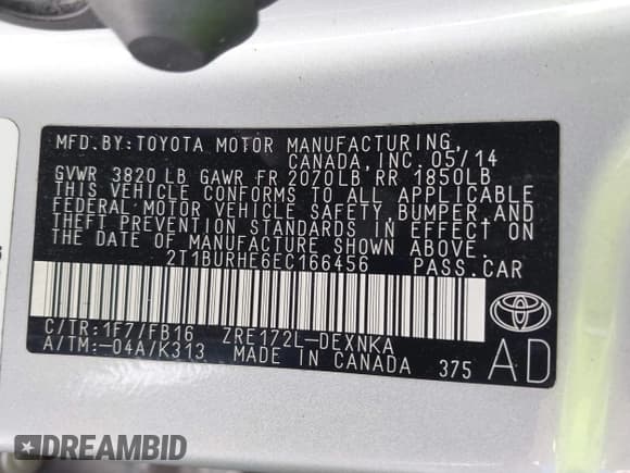 ✅ 2014 Toyota Corolla L • VIN: 2T1BURHE6EC166456 • Лот: 43273172. Опубликован ранее на IAAI с пробегом 147 275 миль. Бесплатный доступ к архиву аукционных продаж из США и подробный отчёт об истории автомобиля на DreamBid. Изображение 9.