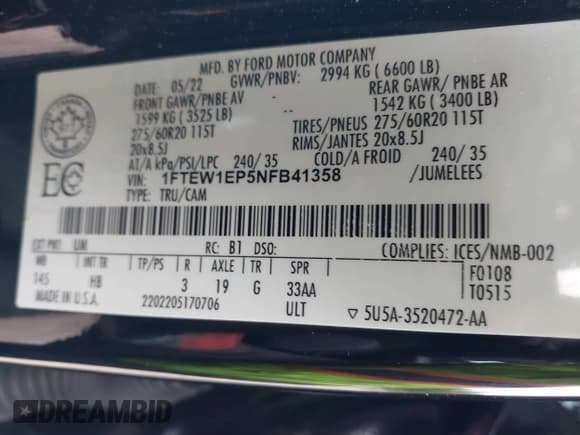 ✅ 2022 Ford F-150 XL • VIN: 1FTEW1EP5NFB41358 • Lot: 42314491. Listed on IAAI with 68,749 mi. Free auction sales archive from the USA and detailed vehicle history report at DreamBid. Image 9.