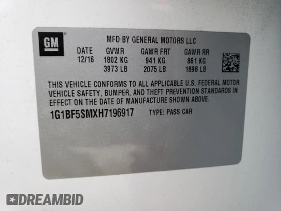 ✅ 2017 Chevrolet Cruze Premier • VIN: 1G1BF5SMXH7196917 • Lot: 46760013. Listed on Copart with 69,089 mi. Free auction sales archive from the USA and detailed vehicle history report at DreamBid. Image 12.