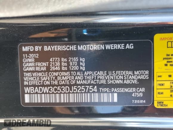 ✅ 2013 BMW 3 Series 328i • VIN: WBADW3C53DJ525754 • Lot: 64126805. Listed on Copart with 119,359 mi. Free auction sales archive from the USA and detailed vehicle history report at DreamBid. Image 12.