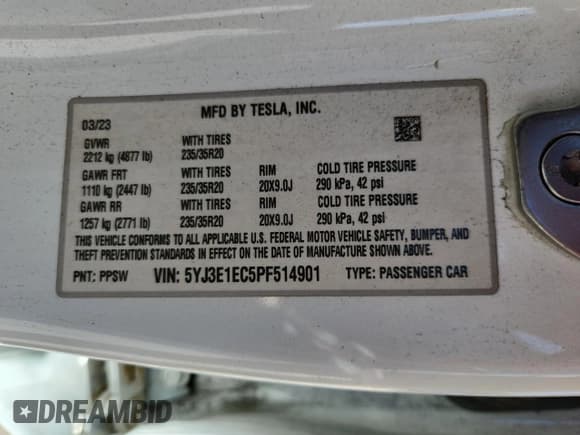 ✅ 2023 Tesla Model 3 Performance • VIN: 5YJ3E1EC5PF514901 • Лот: 71893745. Опубликован ранее на Copart с пробегом 145 566 миль. Бесплатный доступ к архиву аукционных продаж из США и подробный отчёт об истории автомобиля на DreamBid. Изображение 12.