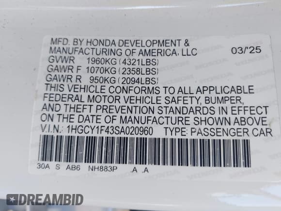 ✅ 2025 Honda Accord SE • VIN: 1HGCY1F43SA020960 • Lot: 43457960. Listed on IAAI with 6,870 mi. Free auction sales archive from the USA and detailed vehicle history report at DreamBid. Image 9.