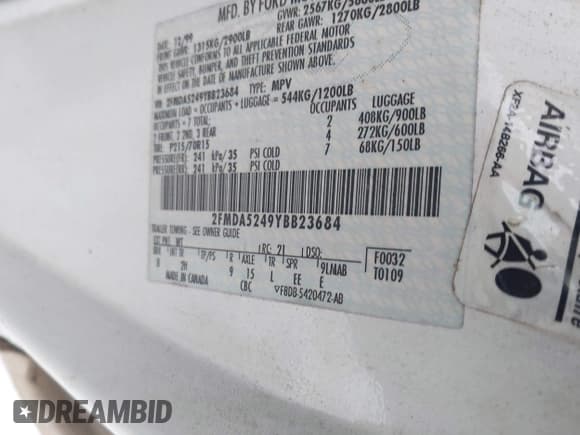 ✅ 2000 Ford Windstar SE • VIN: 2FMDA5249YBB23684 • Lot: 42675470. Wystawiony na IAAI z przebiegiem 161 865 mil. Bezpłatny archiwum sprzedaży aukcyjnych z USA i szczegółowy raport historii pojazdu na DreamBid. Zdjęcie 9.