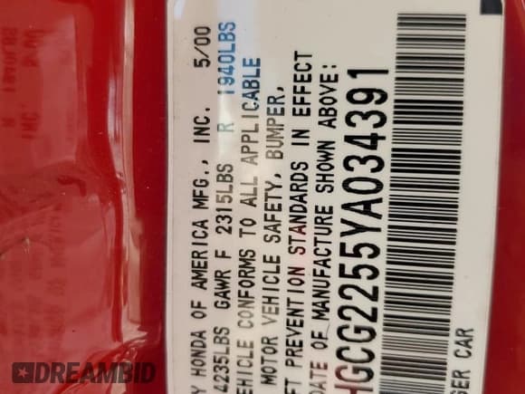 ✅ 2000 Honda Accord EX • VIN: 1HGCG2255YA034391 • Lot: 92275195. Listed on Copart with 202,789 mi. Free auction sales archive from the USA and detailed vehicle history report at DreamBid. Image 12.