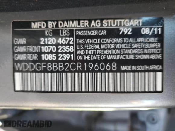 ✅ 2012 Mercedes-Benz C 300 Sport • VIN: WDDGF8BB2CR196068 • Lot: 92934885. Listed on Copart with 111,041 mi. Free auction sales archive from the USA and detailed vehicle history report at DreamBid. Image 12.