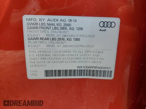 ✅ 2015 Audi SQ5 Premium Plus • VIN: WA1CGAFP9FA004001 • Lot: 54164315. Listed on Copart with 158,222 mi. Free auction sales archive from the USA and detailed vehicle history report at DreamBid. Image 14.