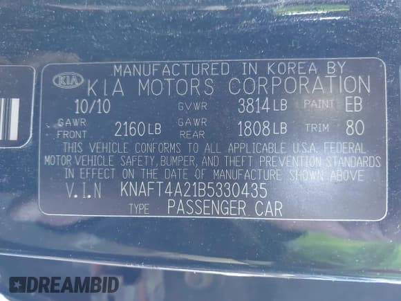 ✅ 2011 Kia Forte LX • VIN: KNAFT4A21B5330435 • Lot: 43720329. Listed on IAAI with Not provided. Free auction sales archive from the USA and detailed vehicle history report at DreamBid. Image 9.