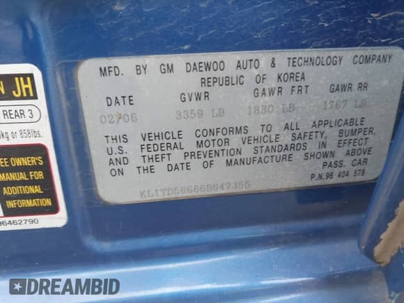 2006 Chevrolet Aveo LS z VIN KL1TD56666B647355, wystawiony jako IAAI lot #42835023 z przebiegiem 157 607 mil mil oraz . Historia ofert i sprzedaży dostępna na DreamBid. Obrazek 9.